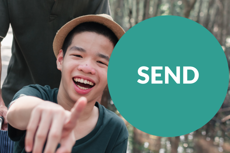 Teenage boy in wheelchair with wording SEND