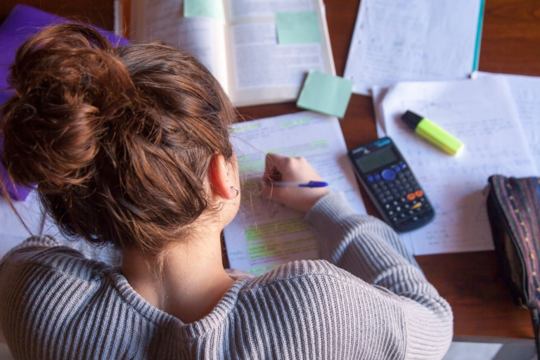 Teenage girl student studying with papers on desk